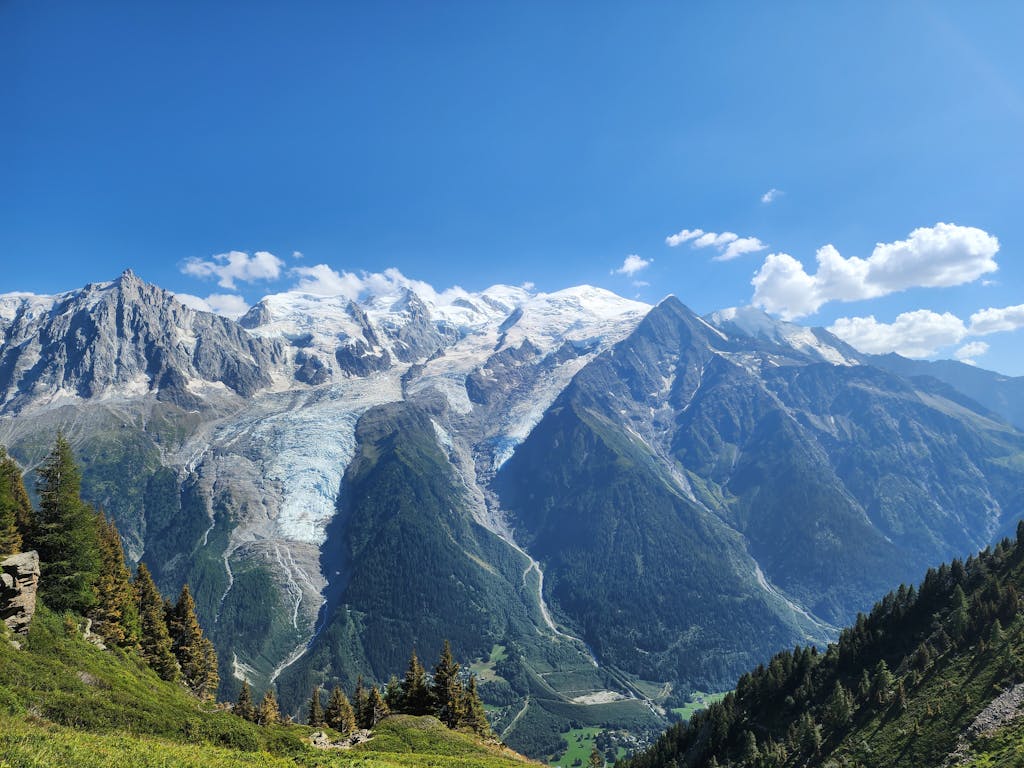 Breathtaking view of Mont Blanc's snowcapped peaks surrounded by lush greenery under a bright blue sky.